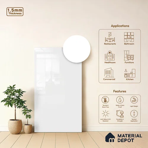 Pure White Solid Colors Look GA 4001 8 ft x 4 ft High Gloss Finish 6H Anti Scratch Acrylic Laminate - 1.5 mm | Suitable for Living Room, Kitchen, Office | Matching Edgeband Code EB 4001