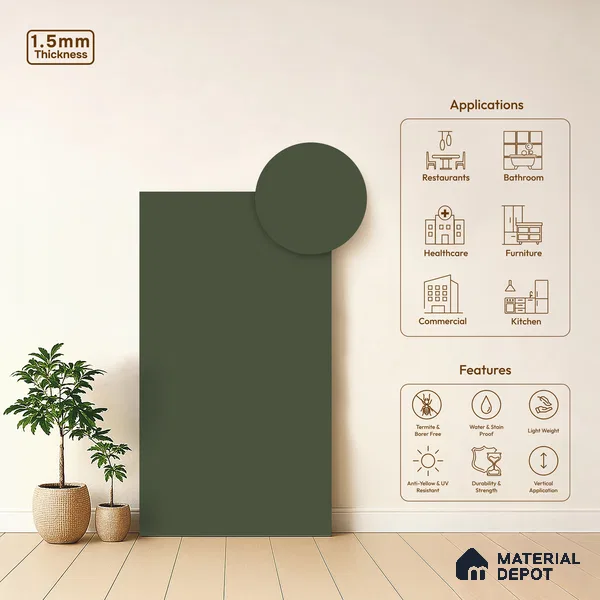 Deep Olive Green Solid Colors Look LM 21820 8 ft x 4 ft Matte Finish 6H Anti Scratch Acrylic Laminate - 1.5 mm | Suitable for Living Room, Kitchen, Office