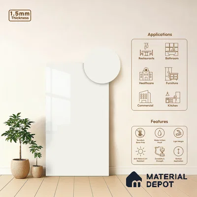 High Gloss Pure White Solid Colors Look LM 23248 High Gloss Pure White 8 ft x 4 ft High Gloss Finish 6H Anti Scratch Acrylic Laminate - 1.5 mm | Suitable for Living Room, Kitchen, Office