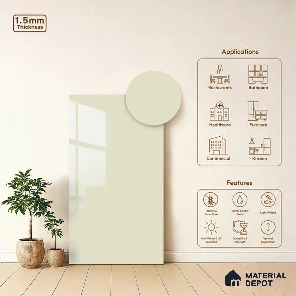 White Solid Colors Look LM 23249 Smoke White 8 ft x 4 ft High Gloss Finish 6H Anti Scratch Acrylic Laminate - 1.5 mm | Suitable for Living Room, Kitchen, Office