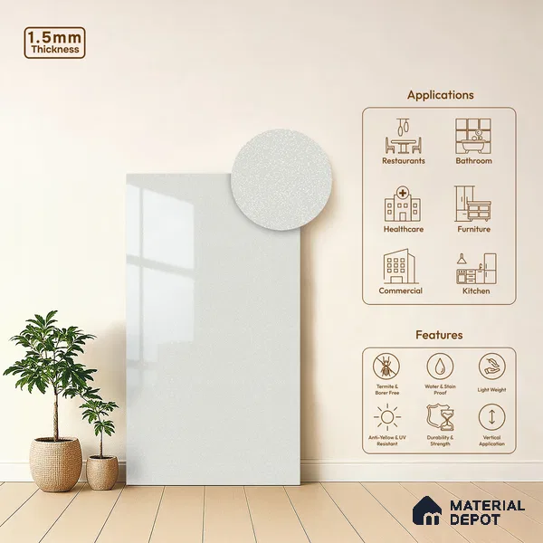 White Sparkle Look LM 23250 White Cameo 8 ft x 4 ft High Gloss Finish 6H Anti Scratch Acrylic Laminate - 1.5 mm | Suitable for Kitchen Cabinet, TV Unit, Wardrobe
