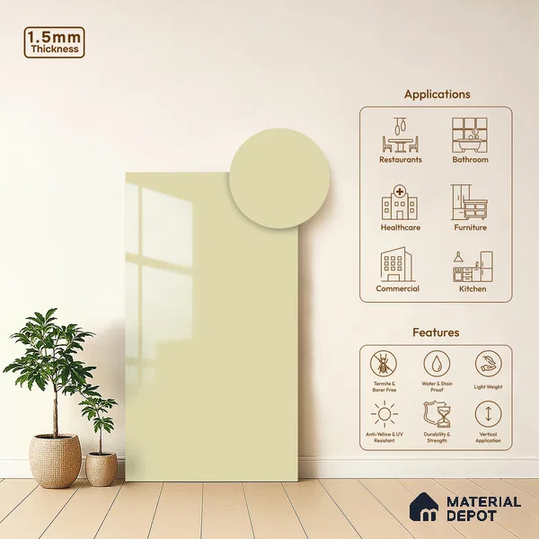 Pale Cream Solid Colors Look LM 23255 Pale Cream Tone 8 ft x 4 ft High Gloss Finish 6H Anti Scratch Acrylic Laminate - 1.5 mm | Suitable for Living Room, Kitchen, Office