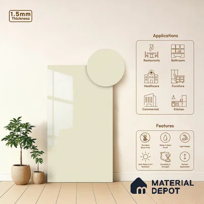 Ivory Solid Colors Look LM 23257 Pure Ivory 8 ft x 4 ft High Gloss Finish 6H Anti Scratch Acrylic Laminate - 1.5 mm | Suitable for Living Room, Kitchen, Office