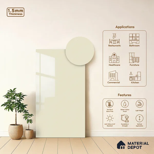 Ivory Solid Colors Look LM 23257 Pure Ivory 8 ft x 4 ft High Gloss Finish 6H Anti Scratch Acrylic Laminate - 1.5 mm | Suitable for Living Room, Kitchen, Office
