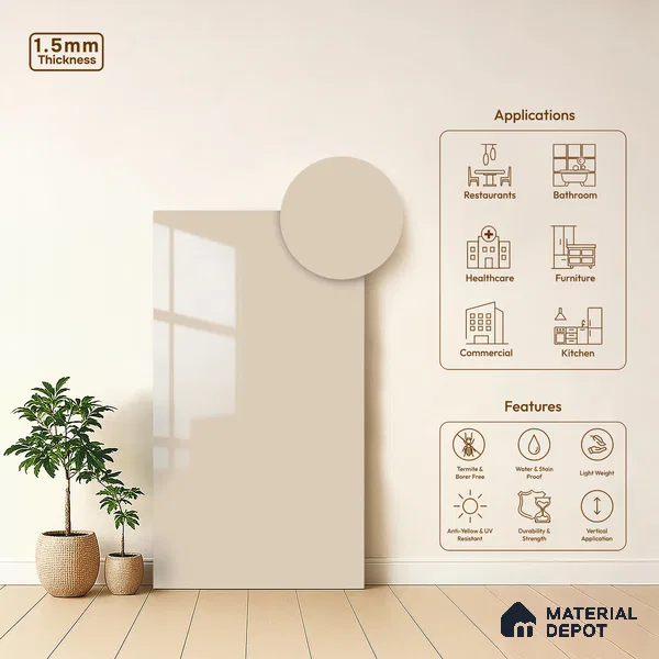 White Solid Colors Look LM 23258 Pale Pearl 8 ft x 4 ft High Gloss Finish 6H Anti Scratch Acrylic Laminate - 1.5 mm | Suitable for Living Room, Kitchen, Office