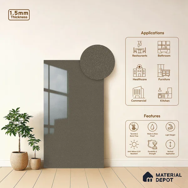 Grey Sparkle Look LM 23261 Smog 8 ft x 4 ft High Gloss Finish 6H Anti Scratch Acrylic Laminate - 1.5 mm | Suitable for Kitchen Cabinet, TV Unit, Wardrobe
