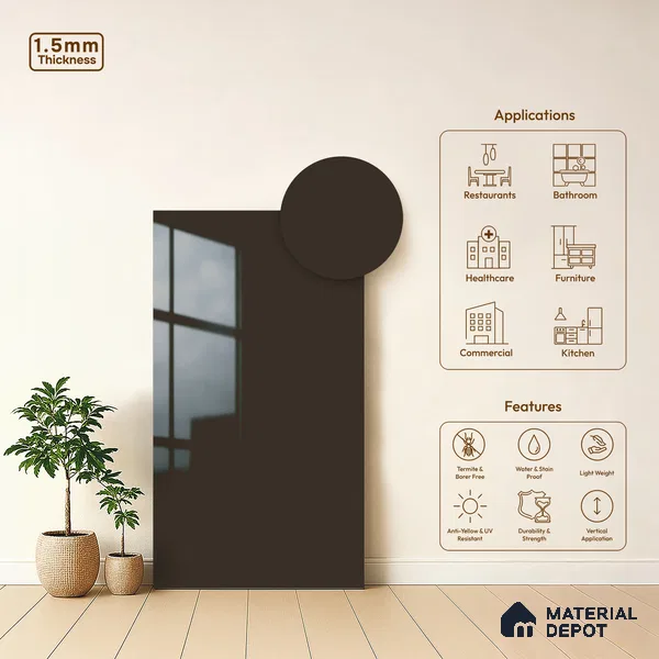 Wenge Brown Solid Colors Look LM 23265 Wenge Brown 8 ft x 4 ft High Gloss Finish 6H Anti Scratch Acrylic Laminate - 1.5 mm | Suitable for Living Room, Kitchen, Office