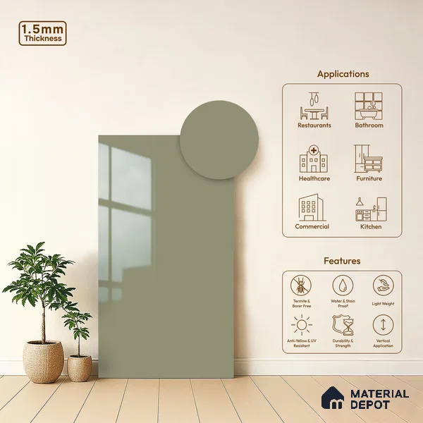 Sage Beige Solid Colors Look LM 23271 Hill Crest 8 ft x 4 ft High Gloss Finish 6H Anti Scratch Acrylic Laminate - 1.5 mm | Suitable for Living Room, Kitchen, Office