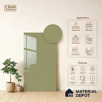 Moss Grey Solid Colors Look LM 23273 Easter Lily 8 ft x 4 ft High Gloss Finish 6H Anti Scratch Acrylic Laminate - 1.5 mm | Suitable for Living Room, Kitchen, Office