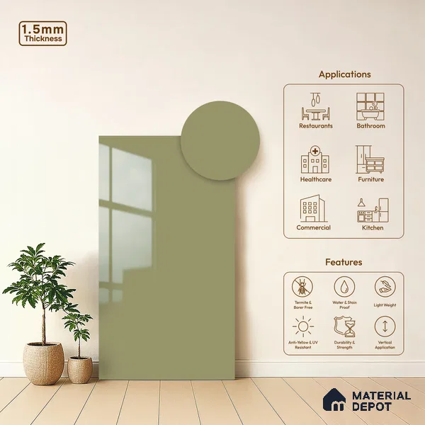 Moss Grey Solid Colors Look LM 23273 Easter Lily 8 ft x 4 ft High Gloss Finish 6H Anti Scratch Acrylic Laminate - 1.5 mm | Suitable for Living Room, Kitchen, Office