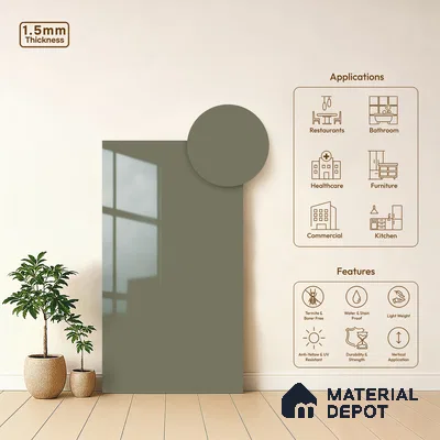 Olive Grey Solid Colors Look LM 23274 Quiet Dawn 8 ft x 4 ft High Gloss Finish 6H Anti Scratch Acrylic Laminate - 1.5 mm | Suitable for Living Room, Kitchen, Office