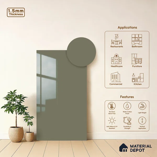 Olive Grey Solid Colors Look LM 23274 Quiet Dawn 8 ft x 4 ft High Gloss Finish 6H Anti Scratch Acrylic Laminate - 1.5 mm | Suitable for Living Room, Kitchen, Office