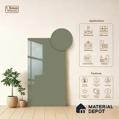 Sage Grey Solid Colors Look LM 23275 Winter Nip 8 ft x 4 ft High Gloss Finish 6H Anti Scratch Acrylic Laminate - 1.5 mm | Suitable for Living Room, Kitchen, Office