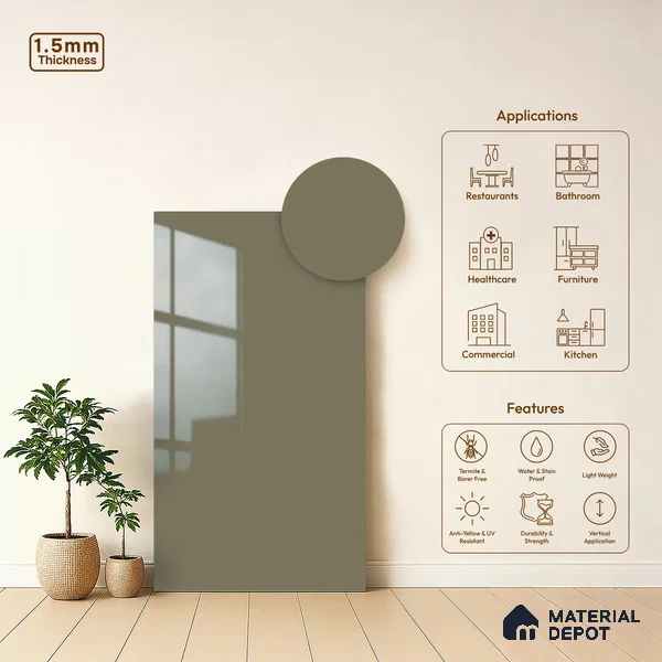 Grey Solid Colors Look LM 23279 Serene Grey 8 ft x 4 ft High Gloss Finish 6H Anti Scratch Acrylic Laminate - 1.5 mm | Suitable for Living Room, Kitchen, Office