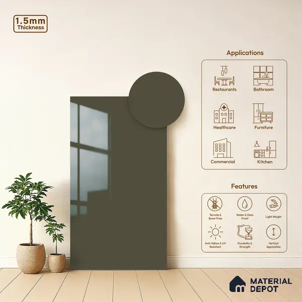 Charcoal Grey Solid Colors Look LM 23280 Smooth Flow 8 ft x 4 ft High Gloss Finish 6H Anti Scratch Acrylic Laminate - 1.5 mm | Suitable for Living Room, Kitchen, Office