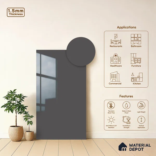 Grey Solid Colors Look LM 23284 Planet Grey 8 ft x 4 ft High Gloss Finish 6H Anti Scratch Acrylic Laminate - 1.5 mm | Suitable for Living Room, Kitchen, Office