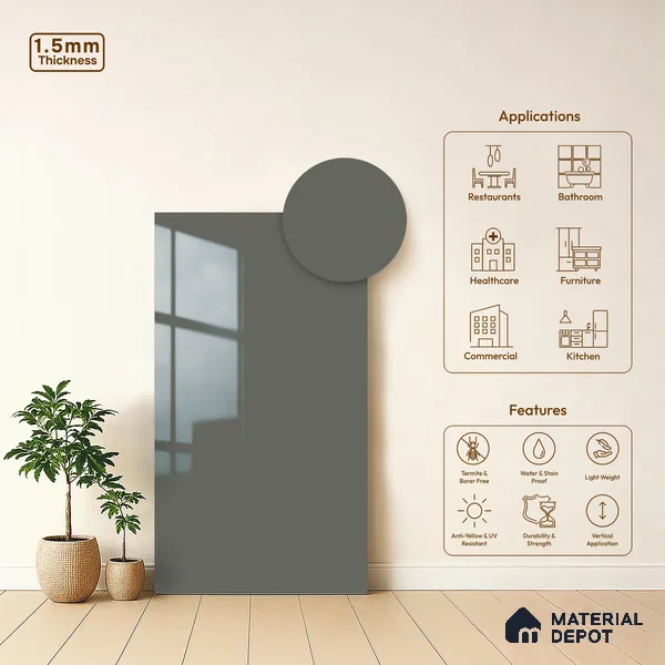 Grey Solid Colors Look LM 23290 Dove Grey 8 ft x 4 ft High Gloss Finish 6H Anti Scratch Acrylic Laminate - 1.5 mm | Suitable for Living Room, Kitchen, Office