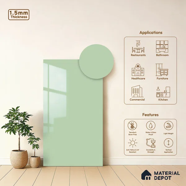 Pale Mint Green Solid Colors Look LM 23299 Ocean Spray 8 ft x 4 ft High Gloss Finish 6H Anti Scratch Acrylic Laminate - 1.5 mm | Suitable for Living Room, Kitchen, Office