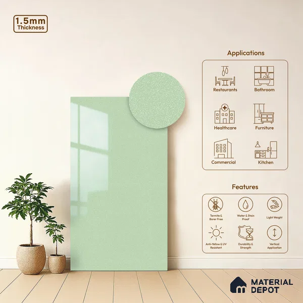 Green Sparkle Look LM 23300 Tranquil Green 8 ft x 4 ft High Gloss Finish 6H Anti Scratch Acrylic Laminate - 1.5 mm | Suitable for Kitchen Cabinet, TV Unit, Wardrobe