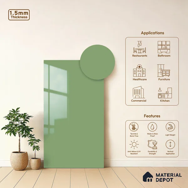Mint Green Solid Colors Look LM 23302 Mint Essence 8 ft x 4 ft High Gloss Finish 6H Anti Scratch Acrylic Laminate - 1.5 mm | Suitable for Living Room, Kitchen, Office