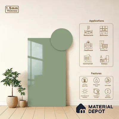 Sage Green Solid Colors Look LM 23303 Barrier Reef 8 ft x 4 ft High Gloss Finish 6H Anti Scratch Acrylic Laminate - 1.5 mm | Suitable for Living Room, Kitchen, Office