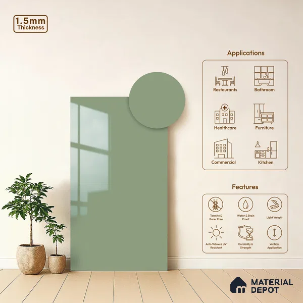 Sage Green Solid Colors Look LM 23303 Barrier Reef 8 ft x 4 ft High Gloss Finish 6H Anti Scratch Acrylic Laminate - 1.5 mm | Suitable for Living Room, Kitchen, Office