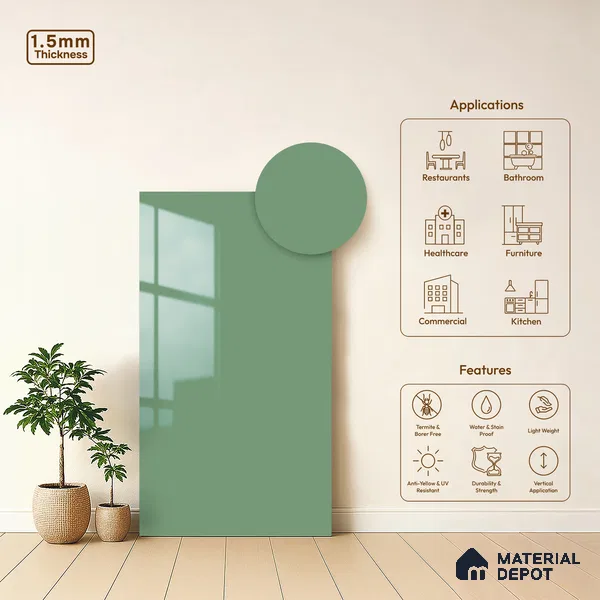 Sage Green Solid Colors Look LM 23304 Alpine 8 ft x 4 ft High Gloss Finish 6H Anti Scratch Acrylic Laminate - 1.5 mm | Suitable for Living Room, Kitchen, Office