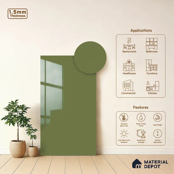 Green Sparkle Look LM 23305 Flowing Green 8 ft x 4 ft High Gloss Finish 6H Anti Scratch Acrylic Laminate - 1.5 mm | Suitable for Kitchen Cabinet, TV Unit, Wardrobe