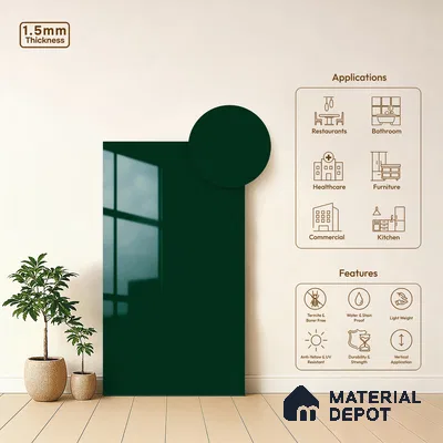 Midnight Pine Green Solid Colors Look LM 23306 Midnight Pine 8 ft x 4 ft High Gloss Finish 6H Anti Scratch Acrylic Laminate - 1.5 mm | Suitable for Living Room, Kitchen, Office