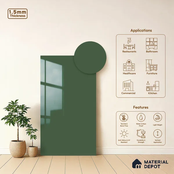 Valley Mist Green Solid Colors Look LM 23307 Valley Mist 8 ft x 4 ft High Gloss Finish 6H Anti Scratch Acrylic Laminate - 1.5 mm | Suitable for Living Room, Kitchen, Office