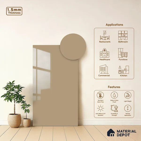 Light Mocha Brown Solid Colors Look LM 23329 Essence Pink 8 ft x 4 ft High Gloss Finish 6H Anti Scratch Acrylic Laminate - 1.5 mm | Suitable for Living Room, Kitchen, Office