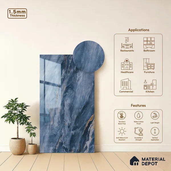 Blue Marble Look LM 23338 Oceanic Thunder 8 ft x 4 ft High Gloss Finish 6H Anti Scratch Acrylic Laminate - 1.5 mm | Suitable for Kitchen Cabinet, TV Unit, Wardrobe