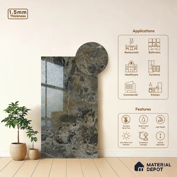 Grey Marble Look LM 23340 Rugged Slate 8 ft x 4 ft High Gloss Finish 6H Anti Scratch Acrylic Laminate - 1.5 mm | Suitable for Kitchen Cabinet, TV Unit, Wardrobe