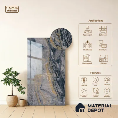 Grey Marble Look LM 23341 Dustfire Marble 8 ft x 4 ft High Gloss Finish 6H Anti Scratch Acrylic Laminate - 1.5 mm | Suitable for Kitchen Cabinet, TV Unit, Wardrobe