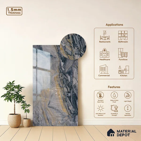 Grey Marble Look LM 23341 Dustfire Marble 8 ft x 4 ft High Gloss Finish 6H Anti Scratch Acrylic Laminate - 1.5 mm | Suitable for Kitchen Cabinet, TV Unit, Wardrobe