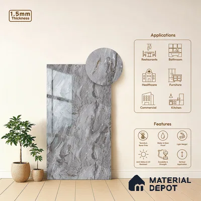 Silver Marble Look LM 23342 Silver Canyon 8 ft x 4 ft High Gloss Finish 6H Anti Scratch Acrylic Laminate - 1.5 mm | Suitable for Kitchen Cabinet, TV Unit, Wardrobe
