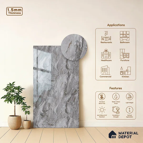 Silver Marble Look LM 23342 Silver Canyon 8 ft x 4 ft High Gloss Finish 6H Anti Scratch Acrylic Laminate - 1.5 mm | Suitable for Kitchen Cabinet, TV Unit, Wardrobe