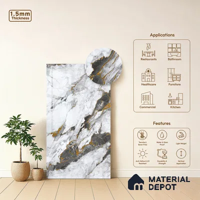 White Marble Look LM 23344 Goldine Ravine 8 ft x 4 ft High Gloss Finish 6H Anti Scratch Acrylic Laminate - 1.5 mm | Suitable for Kitchen Cabinet, TV Unit, Wardrobe