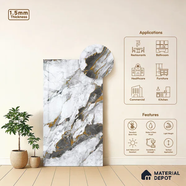 White Marble Look LM 23344 Goldine Ravine 8 ft x 4 ft High Gloss Finish 6H Anti Scratch Acrylic Laminate - 1.5 mm | Suitable for Kitchen Cabinet, TV Unit, Wardrobe