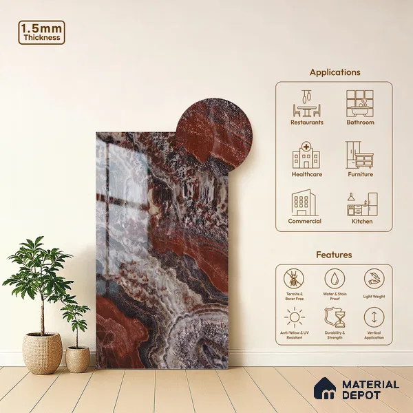 Multi Colour Marble Look LM 23345 Molten Mirage 8 ft x 4 ft High Gloss Finish 6H Anti Scratch Acrylic Laminate - 1.5 mm | Suitable for Kitchen Cabinet, TV Unit, Wardrobe