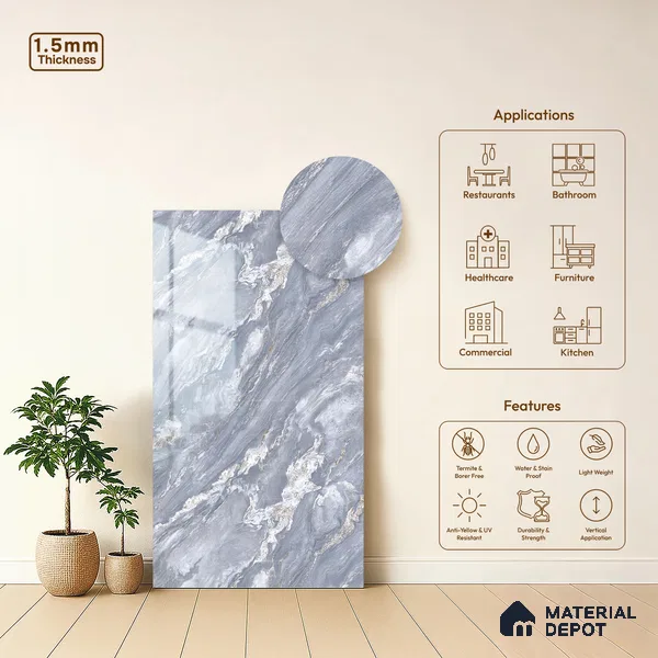 Grey Marble Look LM 23346 Blue Dusk Marble 8 ft x 4 ft High Gloss Finish 6H Anti Scratch Acrylic Laminate - 1.5 mm | Suitable for Kitchen Cabinet, TV Unit, Wardrobe