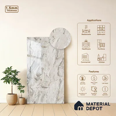 Grey Marble Look LM 23348 Sand Crest Marble 8 ft x 4 ft High Gloss Finish 6H Anti Scratch Acrylic Laminate - 1.5 mm | Suitable for Kitchen Cabinet, TV Unit, Wardrobe