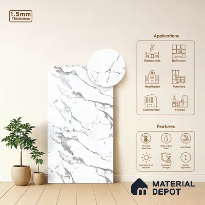 White Marble Look LM 23350 Luna Carrara 8 ft x 4 ft High Gloss Finish 6H Anti Scratch Acrylic Laminate - 1.5 mm | Suitable for Kitchen Cabinet, TV Unit, Wardrobe