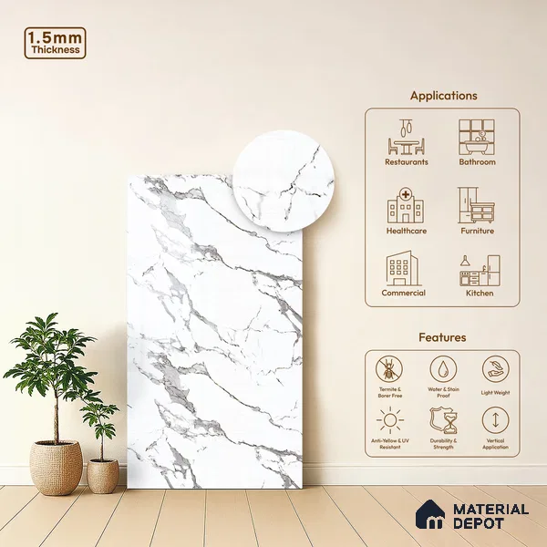 White Marble Look LM 23350 Luna Carrara 8 ft x 4 ft High Gloss Finish 6H Anti Scratch Acrylic Laminate - 1.5 mm | Suitable for Kitchen Cabinet, TV Unit, Wardrobe