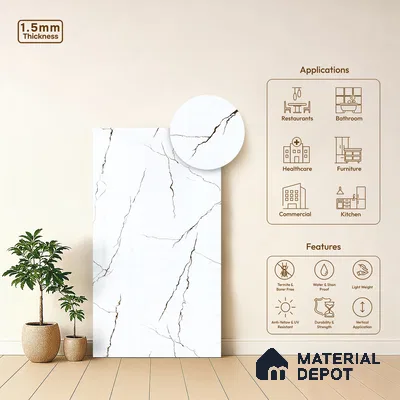 White Marble Look LM 23351 Crackle White 8 ft x 4 ft High Gloss Finish 6H Anti Scratch Acrylic Laminate - 1.5 mm | Suitable for Kitchen Cabinet, TV Unit, Wardrobe