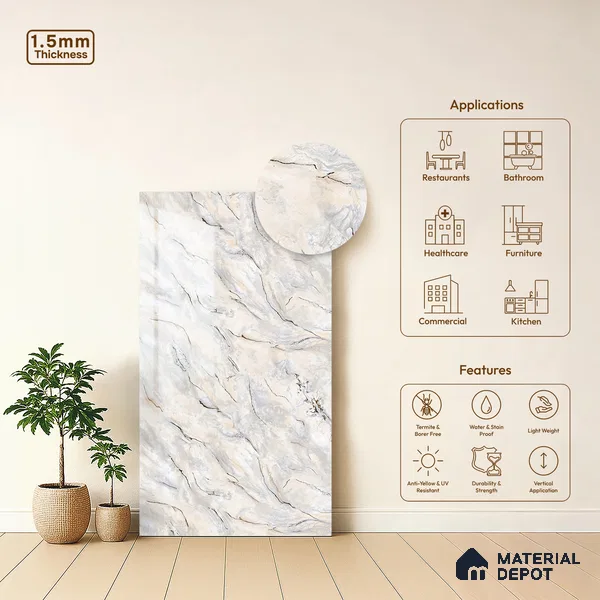 Multi Colour Marble Look LM 23353 Ivory Drift 8 ft x 4 ft High Gloss Finish 6H Anti Scratch Acrylic Laminate - 1.5 mm | Suitable for Kitchen Cabinet, TV Unit, Wardrobe