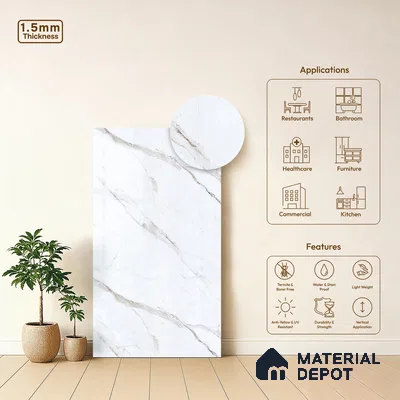 White Marble Look LM 23355 Pietra Lino 8 ft x 4 ft High Gloss Finish 6H Anti Scratch Acrylic Laminate - 1.5 mm | Suitable for Kitchen Cabinet, TV Unit, Wardrobe