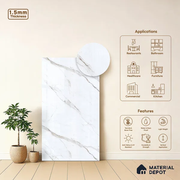 White Marble Look LM 23355 Pietra Lino 8 ft x 4 ft High Gloss Finish 6H Anti Scratch Acrylic Laminate - 1.5 mm | Suitable for Kitchen Cabinet, TV Unit, Wardrobe