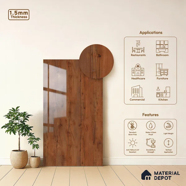 Wooden Look LM 23357 Rustic Cedar 8 ft x 4 ft High Gloss Finish 6H Anti Scratch Acrylic Laminate - 1.5 mm | Suitable for Kitchen Cabinet, TV Unit, Wardrobe