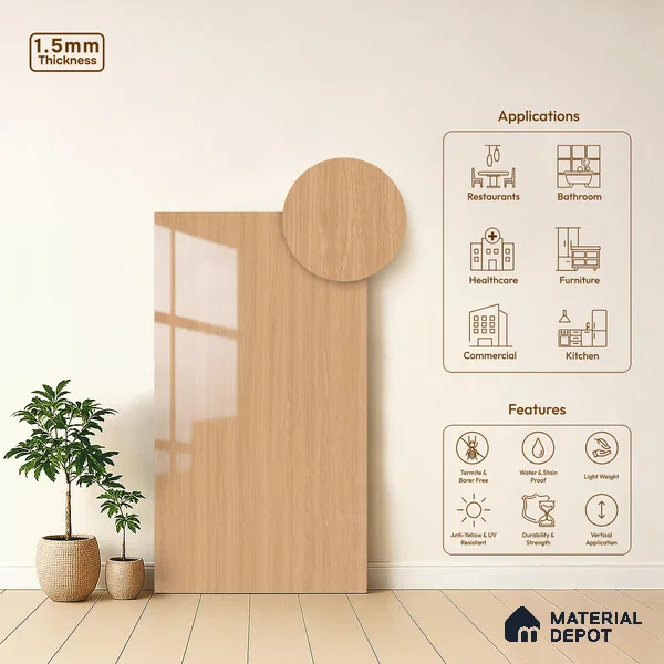 Wooden Look LM 23358 Nordic Elm 8 ft x 4 ft High Gloss Finish 6H Anti Scratch Acrylic Laminate - 1.5 mm | Suitable for Kitchen Cabinet, TV Unit, Wardrobe